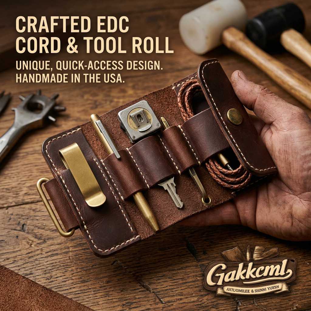 Gakkcml™ Leather EDC Pocket Organizer - Handcrafted Cord & Tool Roll, Minimalist Everyday Carry Gear Pouch for Pens, Keys, Cables & Small Utility Tools, Vintage Brown Leather Roll-up Wrap for Men