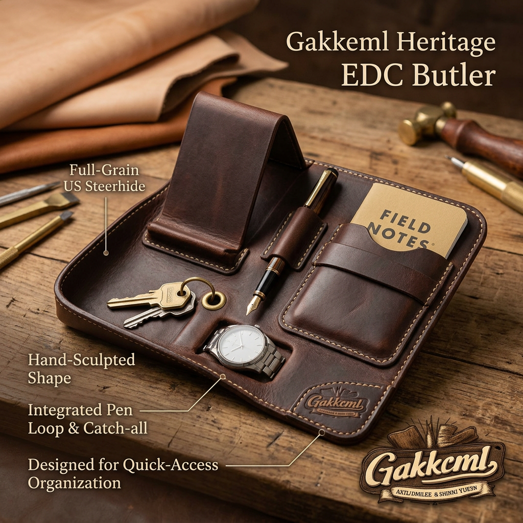 Gakkcml™ Full Grain Leather Valet Tray, EDC Organizer for Men, Nightstand Organizer with Phone Stand, Molded Watch Cradle, Pen Loop & Notebook Pocket, Premium Catchall Tray for Keys, Coins, Wallet, Tech Accessories