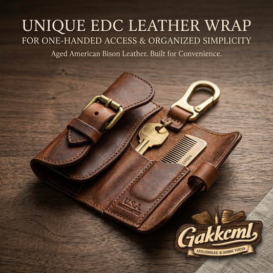 Gakkcml™ Aged Bison Leather EDC Wrap | Minimalist Everyday Carry Key Holder & Pocket Comb Organizer | Handcrafted Vintage Leather Tool Roll with Brass Clasp & Buckle Strap for Men