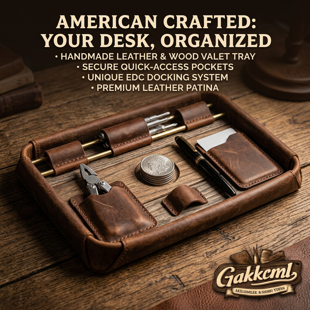 Gakkcml™ Handmade Leather and Wood Valet Tray | Premium EDC Organizer & Desk Docking Station | Luxury Catchall Tray for Wallet, Pen, Coins & Multi-Tools | Office Desk Organizer & Men's Gift