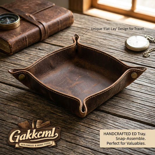 Gakkcml™ Leather Valet Tray - Handcrafted EDC Catchall Tray for Men & Women, Snap-Assemble Travel Nightstand Organizer, Vintage Leather Tray for Keys, Wallet, Watch, Coins, and Valuables